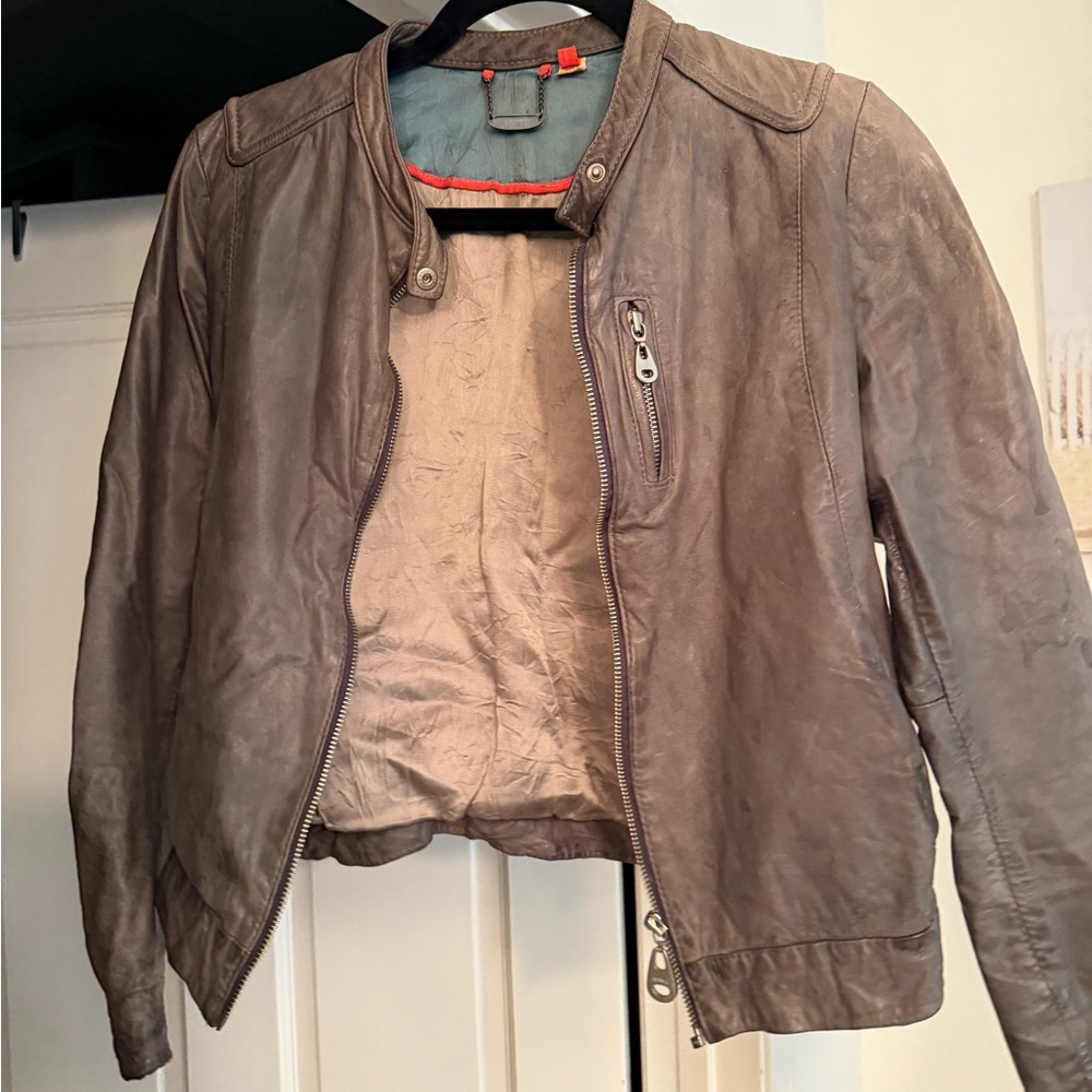 Doma Brown Leather Jacket with Red Accents